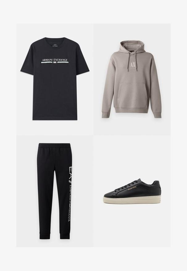 Grå hættetrøje med en central kengurulomme, justerbar snørehætte og et lille hvidt logo på brystet. Blød stofstruktur.; Sort bomulds T-shirt med "Armani Exchange" logo og "1991" i hvid og lyseblå tekst på tværs af brystet. Korte ærmer, rund halsudskæring.; Sorte sweatpants lavet af en bomuldsblanding, med elastisk talje, smalle ben, ribbede manchetter og hvidt logo print langs siden.; Sorte lædersneakers med en glat finish, kontrasterende cremefarvet sål, rund tå, guld logo på siden og seks huller til snørebånd.
