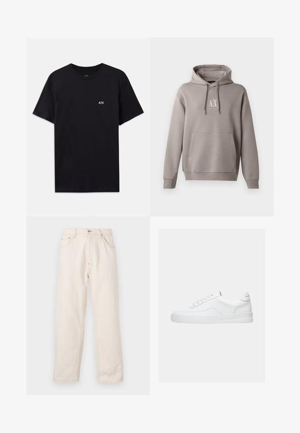 Grau Hoodie mit einer zentralen Kängurutasche, verstellbarem Kordelzug für die Kapuze und einem kleinen weißen Logo auf der Brust. Weicher Stoff.; Schwarzes Baumwoll-T-Shirt mit kurzen Ärmeln und Rundhalsausschnitt, versehen mit einem kleinen weißen "A|X"-Logo auf der linken Brustseite. Glatte Textur.; Beige gleich geschnittene Jeans aus Denim, mit Knopfverschluss, fünf Taschen und sichtbaren Nähten. Glatte Textur.; Weißer Sneaker mit niedrigem Schaft, Schnürdesign, glattem Lederobermaterial und dicker Sohle, von der Seite auf einfachem Hintergrund gezeigt.
