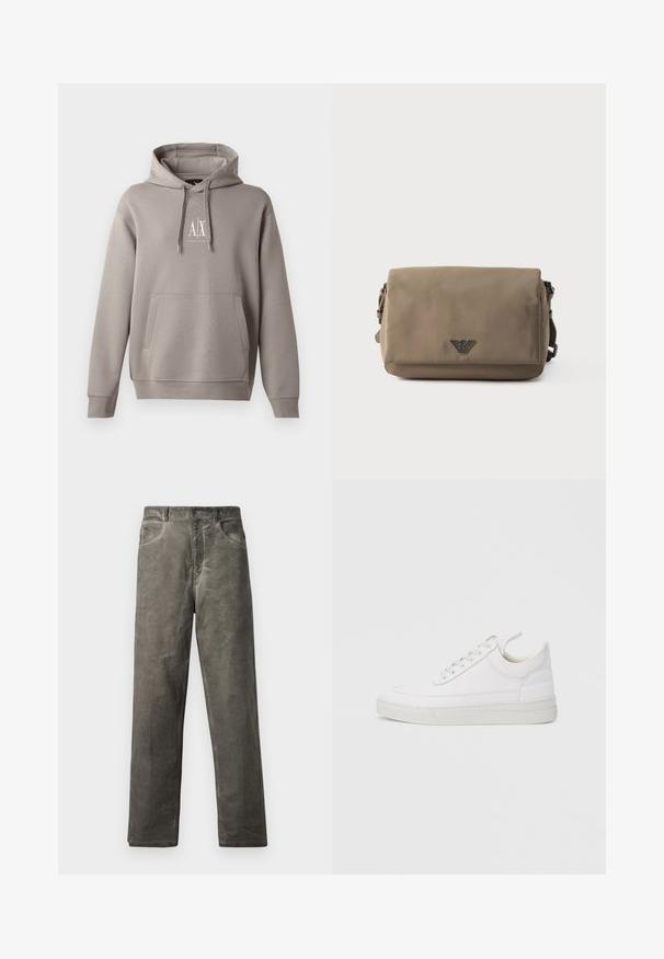 Hoodie gris avec une poche kangourou centrale, capuche réglable par cordon, et un petit logo blanc sur la poitrine. Texture de tissu douce.; Pantalon gris à jambes droites en tissu de coton doux avec une texture lisse. Comprend des poches avant et une fermeture à bouton.; Baskets en cuir blanc avec un embout arrondi, une semelle plate et un laçage à l'avant. Présentent des détails de couture et un col rembourré pour plus de confort.; Sac bandoulière rectangulaire taupe avec fermeture à rabat et petit emblème métallique de logo centré à l'avant sur fond blanc.