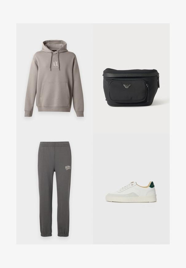 Grå hættetrøje med en central kengurulomme, justerbar snørehætte og et lille hvidt logo på brystet. Blød stofstruktur.; Grå sweatpants med elastisk livrem, tætsiddende manchetter og et lille hvidt logo med teksten "Billionaire Boy Club" på venstre lår.; Hvide sneakers med ruskindsdetaljer, rund tå, flade snørebånd og en cremet gummisål. Har grøn branding på hælen.; Sort bæltetaske med frontlynlåslomme og sølv ørn-logo, glat stof med tekstureret kant og lynlåstræk.