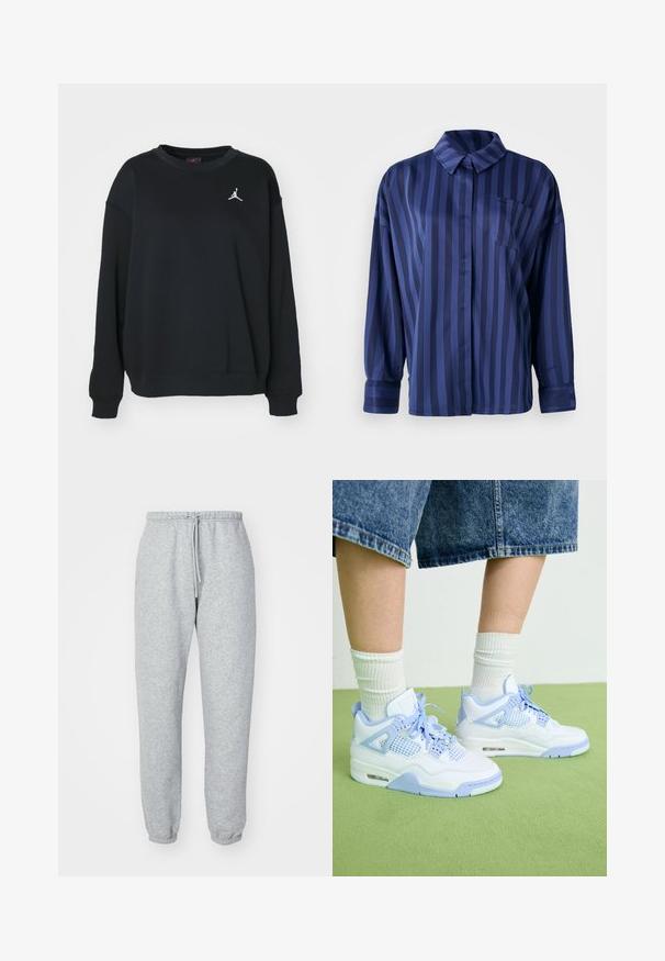 Zwarte sweatshirt van katoen, met een ronde hals, lange mouwen, ribbelboorden en -zoom, met een wit Jumpman-logo op de borst.; Marineblauw gestreepte shirt met kraag, borstzak en lange mouwen. Gemaakt van een gladde, glanzende stof met een losse pasvorm.; Grijze sweatpants gemaakt van zachte, gestructureerde stof. Voorzien van een elastische tailleband met koord, taps toelopende enkels en zonder zichtbare patronen of logo's.; Witte en lichtblauwe sneakers met gaasaccenten, een ronde neus, veters en een luchtkusseneenheid, gecombineerd met witte geribde sokken en denim short.