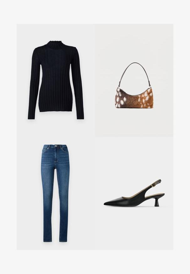 Mørkeblå ribbet turtleneck sweater med lange ærmer, der har en tætsiddende silhuet og tekstureret stofdetalje.; Høj talje skinny jeans i medium blå denim med klassisk fem-lomme design og knaplukning.; Sort, spids slingback-sko med lav hæl, guldfarvet spænde over vristen og udsvinget hæl, vist på en ensfarvet lys baggrund.; Skuldertaske med brun og hvid pletmønstret imiteret pels og en tynd sort rem, vist på en hvid baggrund.