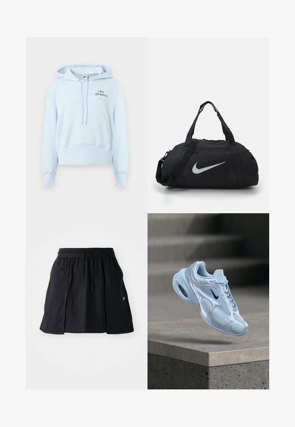 Lyseblå hættetrøje lavet af blødt stof med en frontlomme, snøretrækshætte, ribstrikkede manchetter og broderede Nike-logoer.; Sort sportskørt med elastisk talje og justerbar snor. Har sideslids, letvægtsstof og et lille logo på kanten.; Lyseblå sportssko med meshpaneler, rundet silhuet, teksturerede detaljer og sort logo. Har synlig luftpolstring i sålen.; Sort duffel taske med en glat stoffer finish. Har et fremtrædende refleksiv Nike-logo og korte håndtag, samt en justerbar skulderrem.
