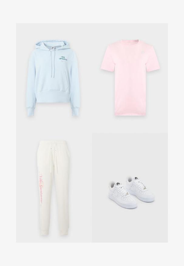 Svetlomodrá mikina s kapucňou z mäkkej látky, s predným vreckom, sťahovacou šnúrkou na kapucni, rebrovanými manžetami a vyšívanými logami Nike.; Svetloružové tričko s krátkym rukávom a okrúhlym výstrihom s malým bielym logom Nike na ľavej hornej strane hrudníka.; Biele tepláky so zúženým strihom, s ružovým logom "Nike Sportswear" na ľavej nohe a elastickým pásom s šnúrkami.; Biele tenisky Nike Air Force 1 s hladkým koženým zvrškom, perforovanou špičkou, bielymi šnúrkami a čiernym logom na jazyku.