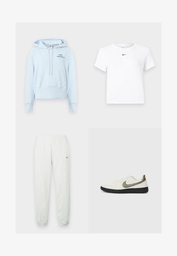 Svetlomodrá mikina s kapucňou z mäkkej látky, s predným vreckom, sťahovacou šnúrkou na kapucni, rebrovanými manžetami a vyšívanými logami Nike.; Biele krátke tričko značky Nike s krátkym rukávom a zrezaným strihom, s malým čiernym logom Nike swoosh umiestneným pod výstrihom uprostred.; Svetlosivé tepláky Nike s elastickým pásom, zúženými lemami a malým čiernym logom na ľavom stehne. Mäkká, textúrovaná tkanina.; Nike Sportswear FIELD GENERAL - Tenisky - off-white/black