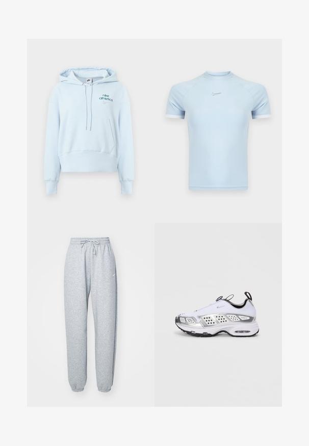 Hele sinine kapuutsiga pusa, valmistatud pehmest kangast, esiosas tasku, nööriga kapuuts, soonilised varrukaotsad ja tikitud Nike logod.; Heleroheline lühikeste varrukatega sportlik top, valmistatud siledast kangast. Omab ümara kaelusega lõiget ja diskreetset Nike logo rinnal, valgete detailidega.; Heledad hallhalli pehmete puuvillasegistusega, millel on elastne vöökoht ja nöör, kitsenevad sääred ja ribakudumisega mansetid. Minim blown kaubamärgi detail.; Valge sportlik king, millel on hõbedased detailid, võrkmaterjalist ja sünteetiline peal, õhkpadjad, ventilatsiooniaugud ja kummist välistald.