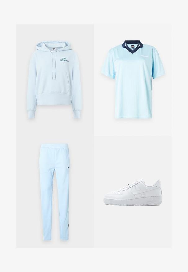 Hele sinine kapuutsiga pusa, valmistatud pehmest kangast, esiosas tasku, nööriga kapuuts, soonilised varrukaotsad ja tikitud Nike logod.; Hele sinine lühikeste varrukatega polo särk tumesinise kaelusega. Ees on vertikaalsed triibud ja logo aktsent. Sujuv, kerge kangas.; Heledad sinine spordipüksid, millel on sile tekstuur, elastne vöökoht ja peen muster. Omavad logo puusa lähedal ja värvilisi aktsente ääres.; Valged madala lõikega Nike Air Force 1 tossud, millel on nööritav sulgemine, auguauguline varbakast ja küljele iseloomulik Swooshi logo.