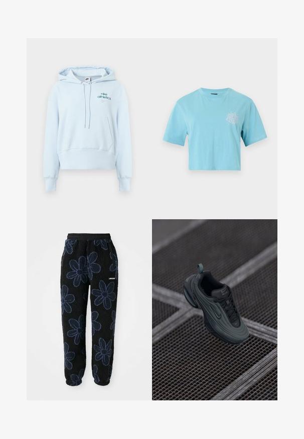 Sudadera con capucha azul claro hecha de tela suave, con bolsillo frontal, capucha con cordón, puños acanalados y logotipos de Nike bordados.; Camiseta corta de manga corta en azul claro con cuello redondo y pequeño diseño abstracto blanco en el pecho izquierdo.; Pantalones de chándal de felpa con un fondo negro y un patrón floral en azul oscuro. Presentan una cintura elástica y bolsillos laterales. Textura suave.; Zapatilla Nike Air en verde oscuro y negro flotando sobre un suelo de rejilla de metal, mostrando los detalles de diseño de su lado y parte superior.