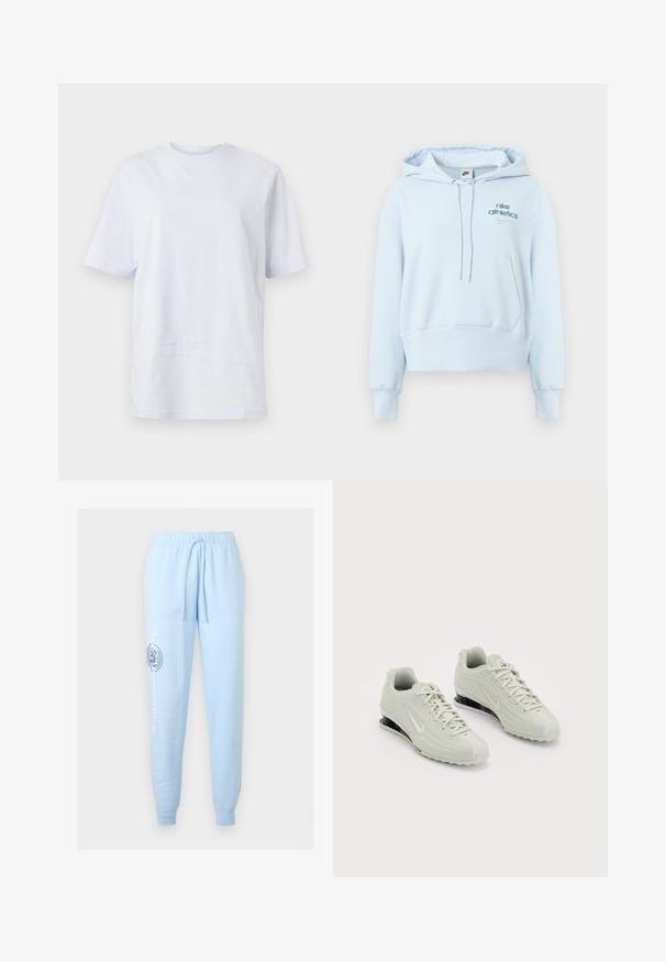 Sudadera con capucha azul claro hecha de tela suave, con bolsillo frontal, capucha con cordón, puños acanalados y logotipos de Nike bordados.; Camiseta blanca de algodón con mangas cortas, escote redondo y un pequeño logo situado cerca del cuello. Tejido suave, corte holgado.; Pantalones de chándal de color azul claro, confeccionados en material suave, que cuentan con una cintura elástica con cordón, acentos de logo a los lados y puños acanalados.; Zapatillas Nike blancas con una parte superior texturizada, que presentan una puntera lisa y detalles de amortiguación negros. Estilo de cordones con un talón reforzado.