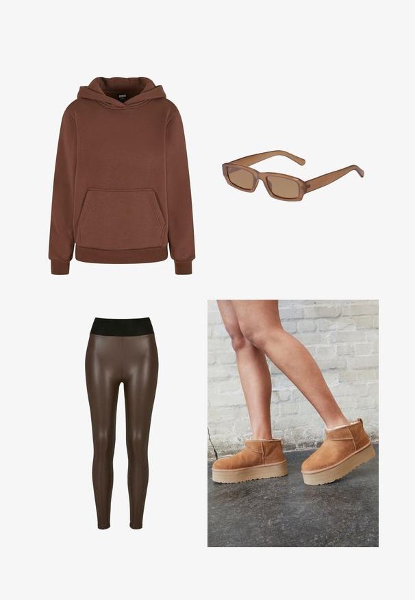Brun hættetrøje med enforlomme, lavet af glat stof, med ribbet manchetter og kant, samt syninger langs kanterne.; Brune faux læder leggings med en høj sort talje, der har en glat, blank finish og en tætsiddende design til anklerne.; Brune ruskinds ankelsko med en blød foring, tyk beige plattformsål og en bageste løkke. Tekstureret overflade med synlige sømdetaljer.; Brune, rektangulære solbriller med en gennemsigtig ramme, slanke tempelstænger og tonede linser, der har en glat tekstur og et moderne design.