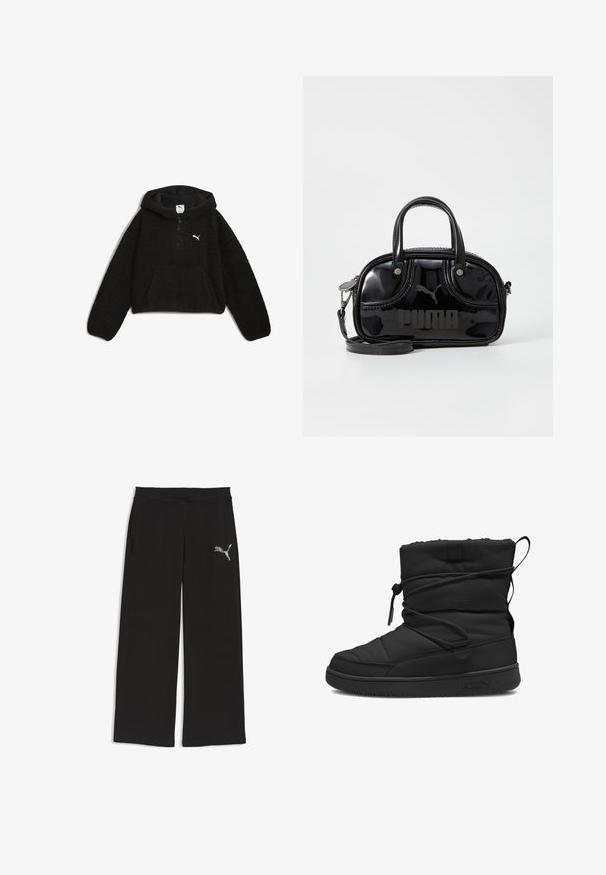 Sweat à capuche en polaire noir Puma avec demi-fermeture éclair, poche kangourou, manches longues, et un petit logo Puma blanc sur la poitrine.; Pantalon large noir avec taille élastique et logo Puma sur la cuisse gauche.; Botte isolée noire avec une texture matelassée, fermeture avec cordon élastique, dessus rembourré et semelle en caoutchouc arborant un logo minimaliste.; Sac à main en cuir verni noir avec des poignées supérieures doubles, une bandoulière amovible, une forme arrondie et un logo "PUMA" en relief bien visible.