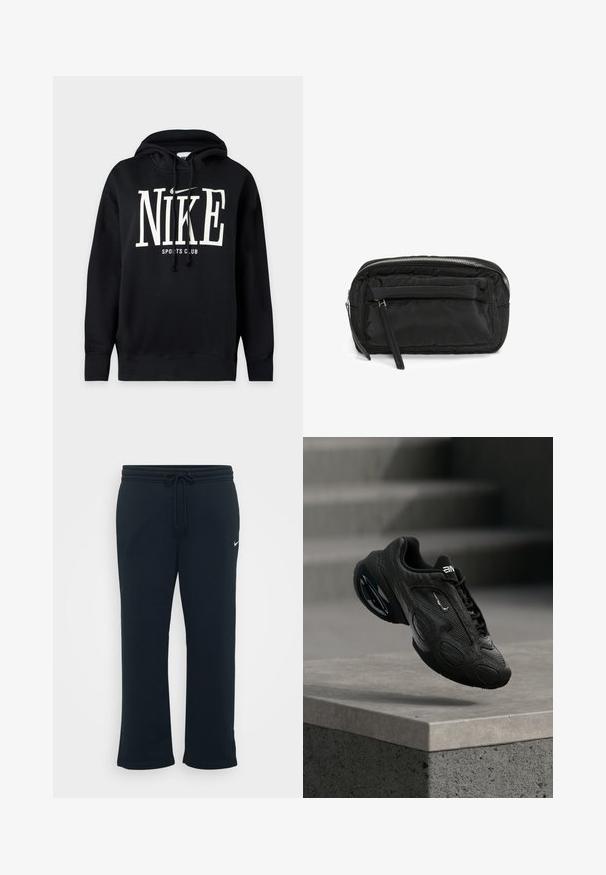 Schwarzer Hoodie mit weißem "NIKE" Text und Swoosh-Logo über "SPORTS CLUB" auf der Vorderseite, mit Kordelzugkapuze sowie gerippten Bündchen und Saum.; Schwarze Jogginghose mit elastischem Bund und verstellbarem Kordelzug. Mit kleinem weißen Nike-Logo auf der linken Seite. Weicher Stoff.; Schwarzer Sportschuh mit strukturiertem Lederobermaterial, auffälligem Logo und gepolsterter Sohle. Mit abstrakten Mustern und glatten, abgerundeten Akzenten.; Schwarze gepolsterte Nylontasche mit einem Reißverschluss, ausgestattet mit einer Vordertasche und einem abnehmbaren Tragegurt für einfachen Transport. Strukturierte Oberflächendetails.