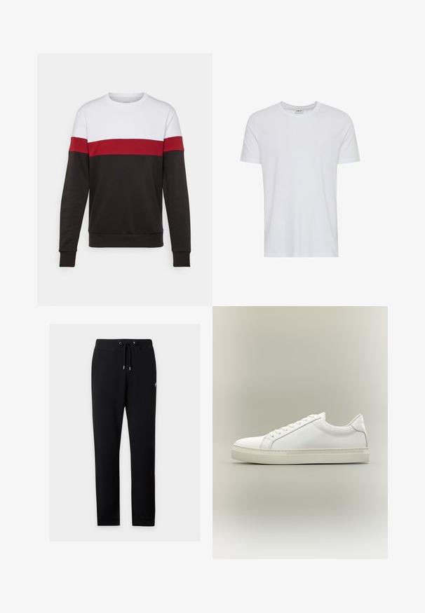 Sweatshirt coloré avec une partie supérieure blanche, une bande médiane rouge et une partie inférieure noire. Fabriqué en tissu doux et confortable.; T-shirt blanc uni à manches courtes et col rond, présenté sur fond blanc, avec une petite étiquette au col indiquant la marque « Solid ».; Pantalon de jogging noir à cordon avec taille et poignets élastiques, présenté sur fond gris clair.; Baskets blanches basses à lacets sur l’avant et semelle épaisse, vues de côté sur un fond neutre.