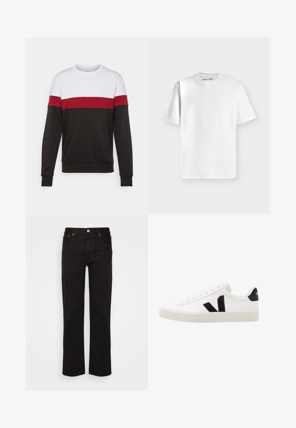 Sudadera en bloques de colores con una sección superior blanca, una banda media roja y un segmento inferior negro. Hecha de una tela suave y cómoda.; Camiseta blanca lisa de manga corta y cuello redondo, colocada extendida sobre un fondo gris claro con una pequeña etiqueta de marca dentro del cuello.; Vaqueros negros de pierna recta hechos de algodón. Cuenta con cinco bolsillos, un botón de metal y costuras naranjas en la parte delantera.; Zapatilla de cuero blanca con acentos de ante negro; presenta una suela de goma, puntera redonda y un diseño clásico de cordones. Logo lateral en negro.