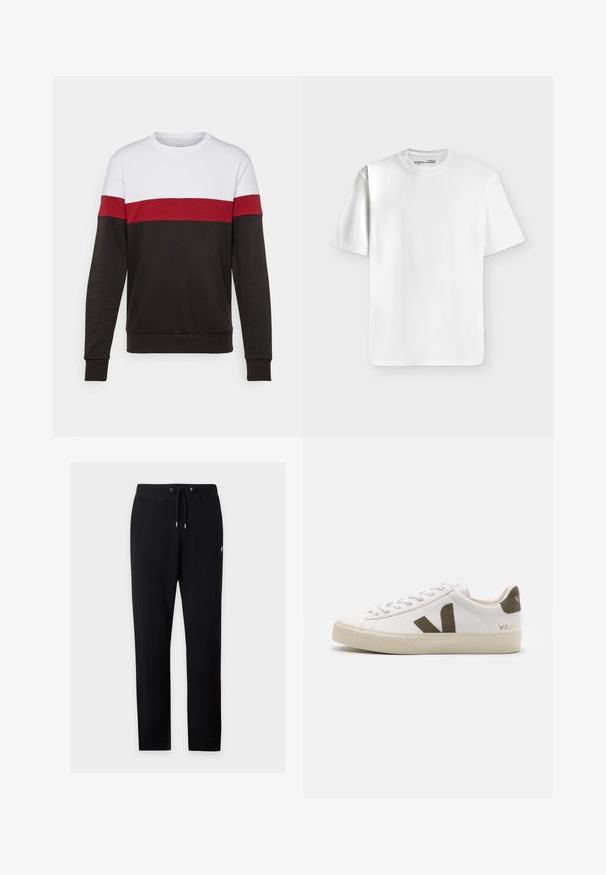 Sweatshirt coloré avec une partie supérieure blanche, une bande médiane rouge et une partie inférieure noire. Fabriqué en tissu doux et confortable.; T-shirt blanc uni à manches courtes et col rond, posé à plat sur un fond gris clair avec une petite étiquette de marque à l’intérieur du col.; Pantalon de jogging noir à cordon avec taille et poignets élastiques, présenté sur fond gris clair.; Baskets en cuir blanc avec une semelle en caoutchouc beige clair. Présentent un logo en V en daim marron et une languette de talon. Fermeture à lacets avec une surface texturée.