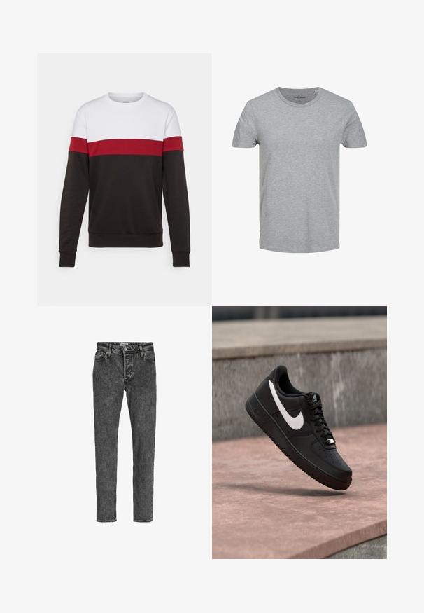 Farbenfrohes Sweatshirt mit einem weißen oberen Abschnitt, einem roten Mittelband und einem schwarzen unteren Segment. Hergestellt aus weichem, bequemem Stoff.; Grau T-Shirt mit kurzen Ärmeln aus weicher Baumwolle. Mit klassischem Rundhalsausschnitt und normaler Passform. Einfaches Design ohne Muster oder Akzente.; Jack & Jones Relaxed Fit JJICHRIS JJORIGINAL SQ 734 - Jeans Tapered Fit - black denim; Schwarzer Nike Air Force 1 Sneaker mit weißem Swoosh-Logo, der über einer Steinformation schwebt, vor einem grauen strukturierten Hintergrund.
