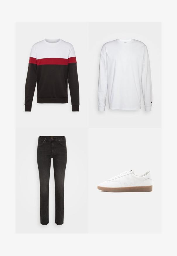 Farveblokeret sweatshirt med en hvid overdel, et rødt midterbånd og et sort nederste segment. Fremstillet af blødt, behageligt stof.; Hvid langærmet T-shirt lavet af bomuld. Rund halsudskæring med ribbede manchetter og et lille logo på venstre ærme. Glat tekstur.; Slim-fit sorte denim jeans med fem lommer, bæltestropper, knaplukning og subtil forvitring på lår og knæ.; Hvid lav sneaker med gummisål i naturfarve, syninger og snørebånd på neutral baggrund.