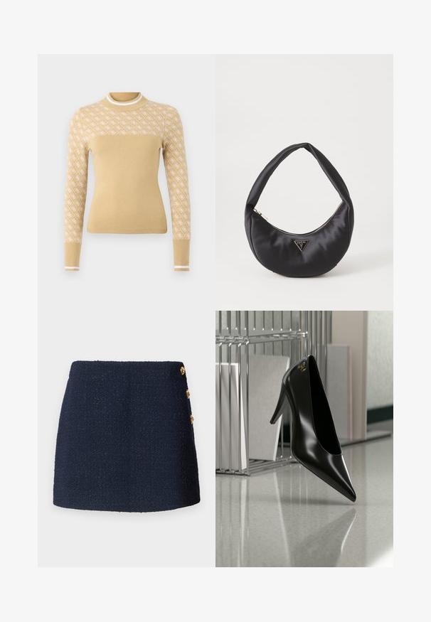 Suéter de punto beige con un patrón de diamante blanco en las mangas superiores, cuello y puños acanalados con acentos blancos.; Falda mini de textura azul marino con tres botones decorativos dorados en el lateral.; Zapato de tacón alto negro con punta afilada y logo dorado, colocado sobre una superficie reflectante cerca de un organizador de archivos de alambre cromado con documentos.; Bolso de satén negro con forma curva, que cuenta con un cierre de cremallera y un logo triangular en metal en la parte delantera. Textura suave y diseño elegante.