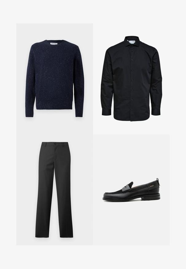 Mørkeblå strikket sweater med rund hals, tekstureret overflade og ribbede ærmer og kant. Har et subtilt prikmønster over det hele.; Herre langærmet sort skjorte med knaplukning foran og klassisk krave, lavet af glat stof.; Samsøe Samsøe SAJOHNNY TROUSERS - Bukser - turkish coffee; Sort læderloafer med grå remdetalje, lav hæl og tekstureret sål, mærket med "HUGO" i guld på siden.