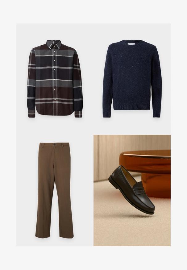 Navyblauer Strickpullover mit Rundhalsausschnitt, strukturiertem Material und gerippten Bündchen und Saum. Besitzt ein dezentes gesprenkeltes Muster im gesamten Design.; Barbour ICELOCH TAILORED TARTAN - Hemd - midnight oak; Braune, gerade geschnittene Hosen aus strukturiertem Stoff, mit Knopfverschluss und normalem Bund, seitlichen Taschen und taillierten Nähten.; Schwarzer Leder-Loafer, der über einem hellbeigen Teppich schwebt, mit bernsteinfarbenen modernen Möbeln im Hintergrund.