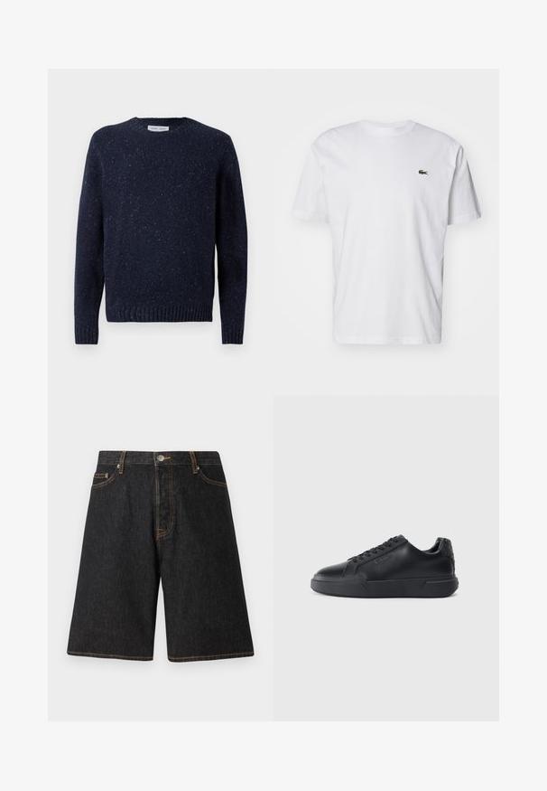 Pull en tricot bleu marine avec un col rond, surface texturée, et poignets et ourlet côtelés. Présente un motif légèrement chiné sur toute sa surface.; T-shirt en coton blanc avec col rond, manches courtes et un petit logo brodé vert sur la poitrine. Design classique à coupe droite.; Shorts en denim noir avec une coupe droite, présentant des coutures orange, cinq poches et une fermeture à bouton en métal à la taille.; Baskets noires avec une tige en cuir lisse, bout rond, fermeture à lacets, détail de talon texturé et semelle en caoutchouc épaisse.