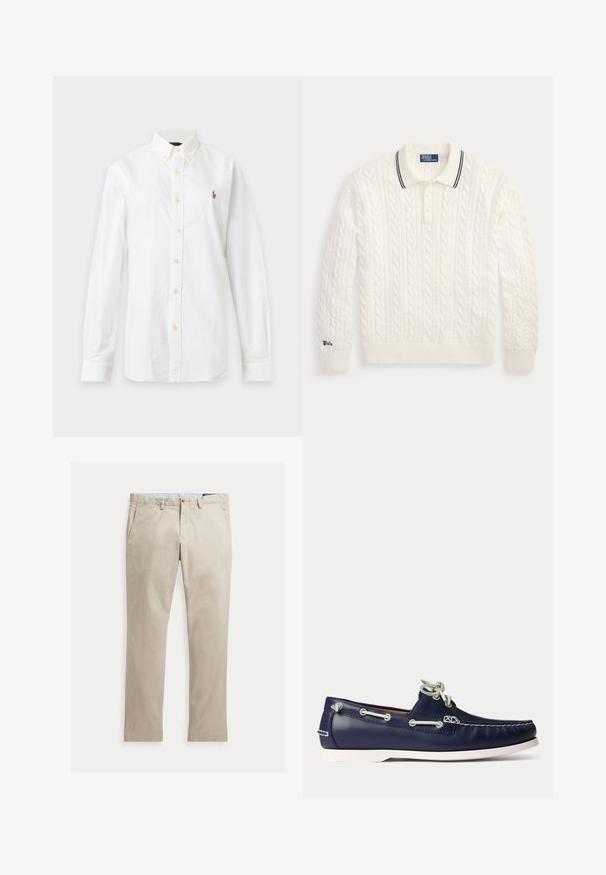 Weißer Polo-Pullover mit Zopfmuster, langen Ärmeln, gerippten Bündchen und Saum, drei Knöpfen und einem schwarzen Streifen am Kragen.; Weißes Hemd mit langen Ärmeln, Knopfleiste, Kragen und kleinem gesticktem Logo auf der linken Brust vor schlichtem Hintergrund.; Beige Baumwollhose mit geradem Bein, Fronttaschen, Gürtelschlaufen, Knopfverschluss und Reißverschluss, flach auf weißem Hintergrund dargestellt.; Marineblauer Lederbootschuh mit weißen Schnürsenkeln und Nähten, mit weißer Gummisohle und Metallösen auf hellem Hintergrund.
