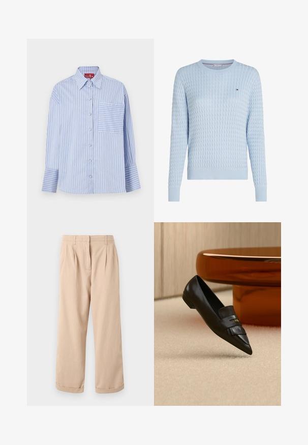 Jersey de punto trenzado azul claro de manga larga con cuello redondo y pequeño logotipo bordado en el pecho.; Camisa de rayas azul y blanca con cuello, mangas largas, botones en la parte frontal y un bolsillo en el pecho izquierdo con rayas a juego.; Pantalones de pierna ancha color beige con pliegues, hechos de algodón, que presentan una textura suave y dobladillos de doble vuelta en el bajo.; Mocasín de cuero negro con punta puntiaguda y detalle de flecos, colocado sobre una alfombra beige cerca de una mesa redonda de cristal naranja.