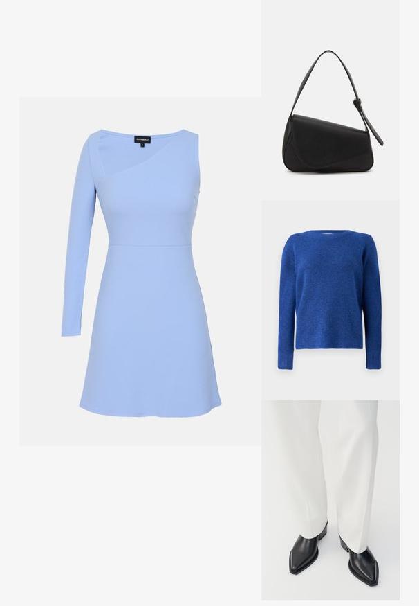 Pull en maille bleu avec un col rond, des manches longues et une texture douce. Présente une coupe légèrement ample et des poignets côtelés aux manches.; Robe bleu clair avec une manche longue, un corps ajusté et une jupe évasée. Fabriquée en tissu lisse avec un éclat subtil et des détails de coutures diagonales.; Bottines noires à bout pointu en cuir lisse, avec des talons bas en bloc, associées à un pantalon large blanc. Design simple et moderne.; Sac à main en cuir noir de forme triangulaire, avec un rabat incliné et une poignée supérieure arrondie. Il présente une texture lisse et des détails de design minimalistes.
