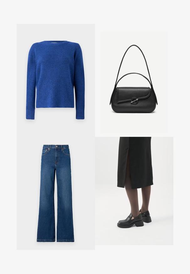 Blauer gestrickter Pullover mit rundem Hals, langen Ärmeln und weicher Textur. Hat eine leicht lockere Passform und gerippte Bündchen an den Ärmeln.; GAP STRIDE SUTTON - Wide Leg - dark wash; Frau trägt schwarze Loafers mit klobigem Absatz, schwarze transparente Strumpfhosen und einen schwarzen Rock mit Schlitz hinten vor weißem Hintergrund.; Schwarze Lederhandtasche mit abgerundeten Kanten, asymmetrischem Überschlag, metallfarbenem runden Verschluss und kurzen sowie langen Schulterriemen.