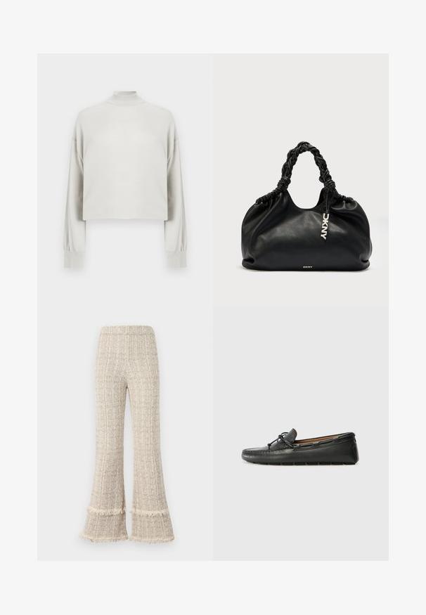 Kort lys grå sweater med høj halsudskæring og lange, let fyldige ærmer, lavet af et glat, blødt stof.; Vidde bukser i et struktureret beige stof, med frynsekanter og høj talje. Designet tilbyder en afslappet pasform og godt fald.; Sorte læder bådsko med afrundet tå, stikninger, lille sløjfedetalje og gummisål. Glat tekstur og strømlinet design.; Sort læderhåndtaske med en blød, slaskede form, flettede håndtag og en logo-tag. Har en samlet top og glat tekstur.