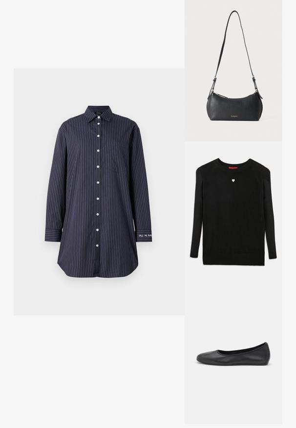 Pull en maille noir à manches longues, col rond, avec un petit cœur blanc sur la poitrine. Texture douce et poignets et ourlet côtelés.; Chemise à boutons navy avec des rayures verticales, manches longues, col classique, poche poitrine unique et détail textuel sur la manche.; Ballerines en cuir noir avec un bout rond, texture lisse, détails de couture minimalistes et design de semelle flexible.; Petit sac à épaule en cuir noir avec sangle réglable et fermeture éclair dorée, avec un texte de marque doré discret sur le devant.