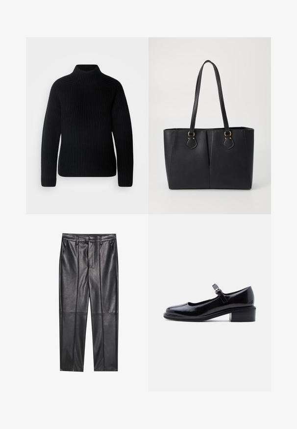 Sort turtleneck sweater lavet af ribbet stof. Har lange ærmer og et tætsiddende design med en højere halsudskæring. Blød tekstur.; Sorte læderbukser med en glat overflade, der har lige pasform, to forlommer og synlige sømdetaljer.; Sort laklæder Mary Jane-sko med lav blokhæl og justerbar rem med spænde på ensartet lys baggrund.; Sort faux læder tote taske med en tekstureret finish, to lange håndtag og hardware i guld tone-accenter på siden. Rektangulær form.