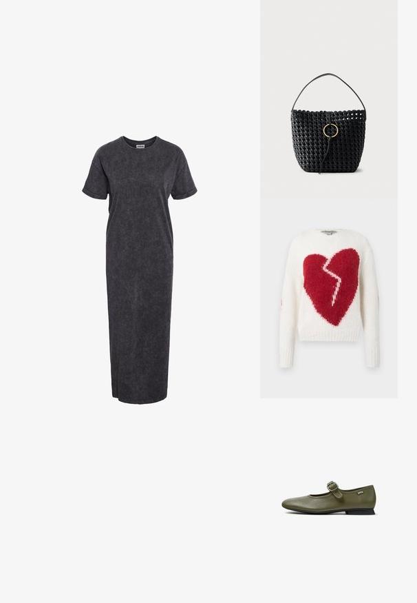 Gebreide trui in wit met een groot rood gebroken hartpatroon. Heeft lange mouwen en een geribbelde zoom, zachte textuur met een casual pasvorm.; Grijze, knielange t-shirt jurk van zacht materiaal, met korte mouwen en een relaxte pasvorm, met een subtiele stone-wash textuur.; Olijfgroene leren Mary Jane platte schoen met afgeronde neus, verstelbare gespsluiting, lage zwarte hak en Camper-logo label aan de zijkant.; Zwarte gevlochten leren handtas met een enkele riem en een centrale gouden ronde gesp sluiting, tegen een effen lichte achtergrond.