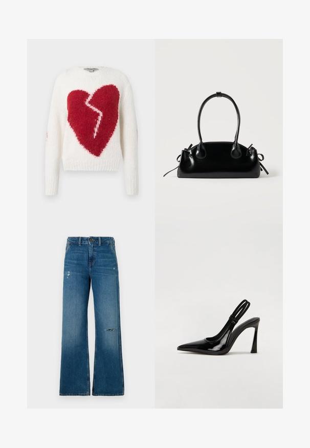 Gebreide trui in wit met een groot rood gebroken hartpatroon. Heeft lange mouwen en een geribbelde zoom, zachte textuur met een casual pasvorm.; Blauwe denim wijde jeans met een vervaagde textuur, voorzien van twee versleten gedeelten aan de voorkant, een knoopsluiting en een vijf-pocket ontwerp.; Zwarte gepatineerde leren slingback pump met puntige neus, slanke hoge hak en dubbele elastische band voor een veilige pasvorm. Gladde, glanzende oppervlakte.; Kleine zwarte glanzende handtas met twee lange hengsels en zijkant trekkoord details op een effen lichte achtergrond.
