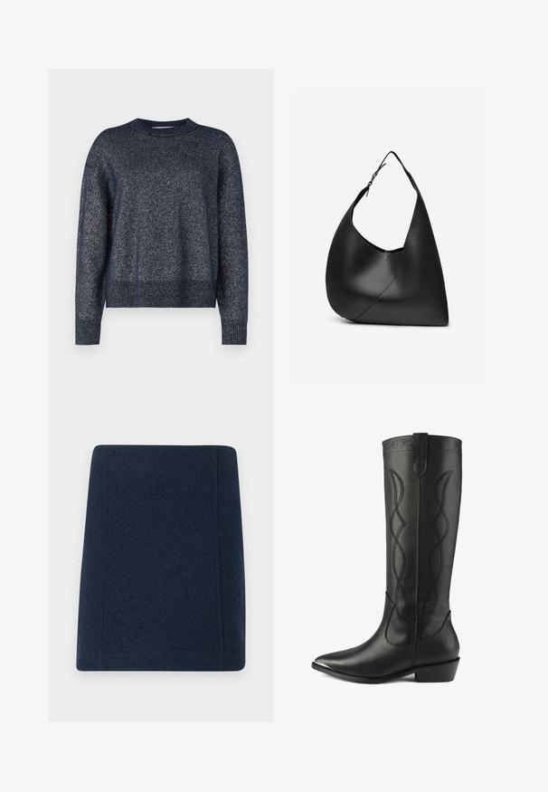 Marineblå strikket sweater med rund halsudskæring, lange ærmer og en tekstureret overflade med subtile metalliske tråde throughout.; Marine uld mini nederdel med en lige form, flade sømme og en glat tekstur. Ingen synlige mønstre eller udsmykninger.; Høje sorte læderstøvler har en spids tå, blokhæls og dekorativ syning med sammenflettede linjer langs skaftet.; Sort læder skuldertaske med buet trekantet form, enkelt justerbart rem og synlig diagonal søm foran.