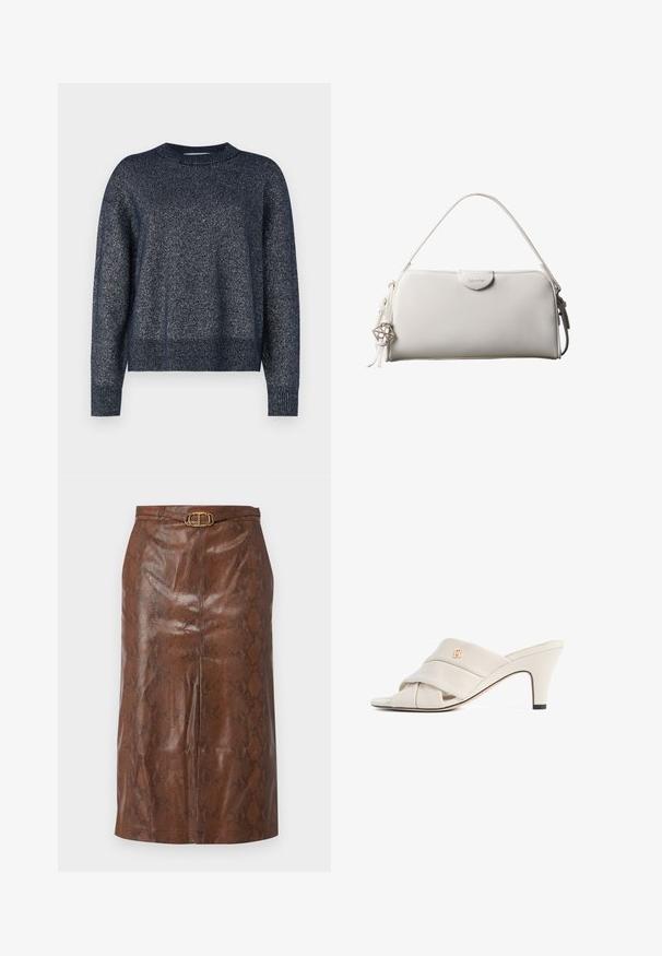 Marineblå strikket sweater med rund halsudskæring, lange ærmer og en tekstureret overflade med subtile metalliske tråde throughout.; Brun imitation læder blyantskirt med slangeskinds mønster, der har en gylden oval spænde og en tætsiddende silhuet. Glat tekstur og knælang.; Beige højhælede mules med et snoet læderstropdesign, åben tå og præget logoaccent. Hælen har en sort spidsdetalje.; Hvid rektangulær Calvin Klein håndtaske med enkelt håndtag, minimalistisk design og dekorative kvaster med geometrisk metalvedhæng på siden.