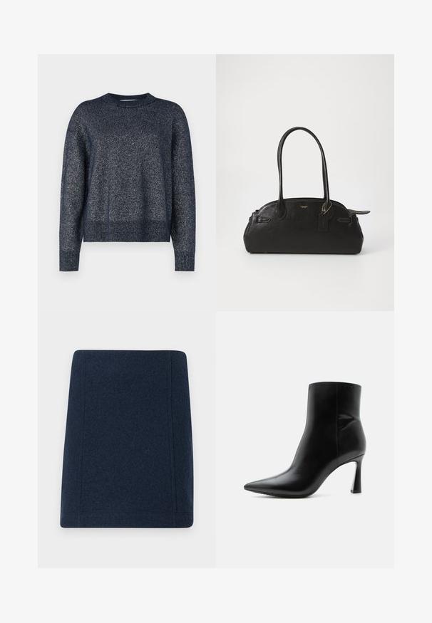 Marineblå strikket sweater med rund halsudskæring, lange ærmer og en tekstureret overflade med subtile metalliske tråde throughout.; Marine uld mini nederdel med en lige form, flade sømme og en glat tekstur. Ingen synlige mønstre eller udsmykninger.; Sort læderankelstøvle med spids tå og slank, høj stilet hæl, vist i sideprofil på hvid baggrund.; Sort læderhåndtaske i rund form, med to lange håndtag, guldfarvet hardware og et lille mærke vedhæftet. Lynlåslukning på toppen.