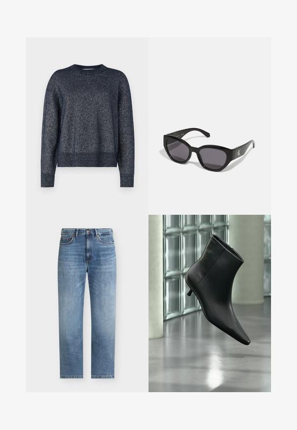 Marineblå strikket sweater med rund halsudskæring, lange ærmer og en tekstureret overflade med subtile metalliske tråde throughout.; Lyseblå straight-leg denim jeans med fem lommer, knaplukning og diskrete falmede detaljer på forsiden af lårene.; Sort læderankelstøvle med spids tå og lav kitten-hæ, vist vinklet mod en poleret gulv- og glasblokvæg.; Sorte solbriller med et strømlinet, vinklet design, mørke linser og et kontrasterende sølvlogo på siden. Glat plastoverflade.