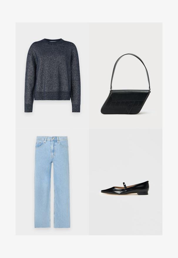 Marineblå strikket sweater med rund halsudskæring, lange ærmer og en tekstureret overflade med subtile metalliske tråde throughout.; Lysblå denim jeans med lige skåret design, fem-lommestil og metalknaplukning foran. Let distressed tekstur.; Sorte patenterede læder Mary Jane flade sko med spids tå, én rem og lav hæl på ensfarvet baggrund.; Sort skuldertaske i læder med trekantet form, præget logo og en enkelt justerbar rem. Minimalistisk design med glat tekstur.