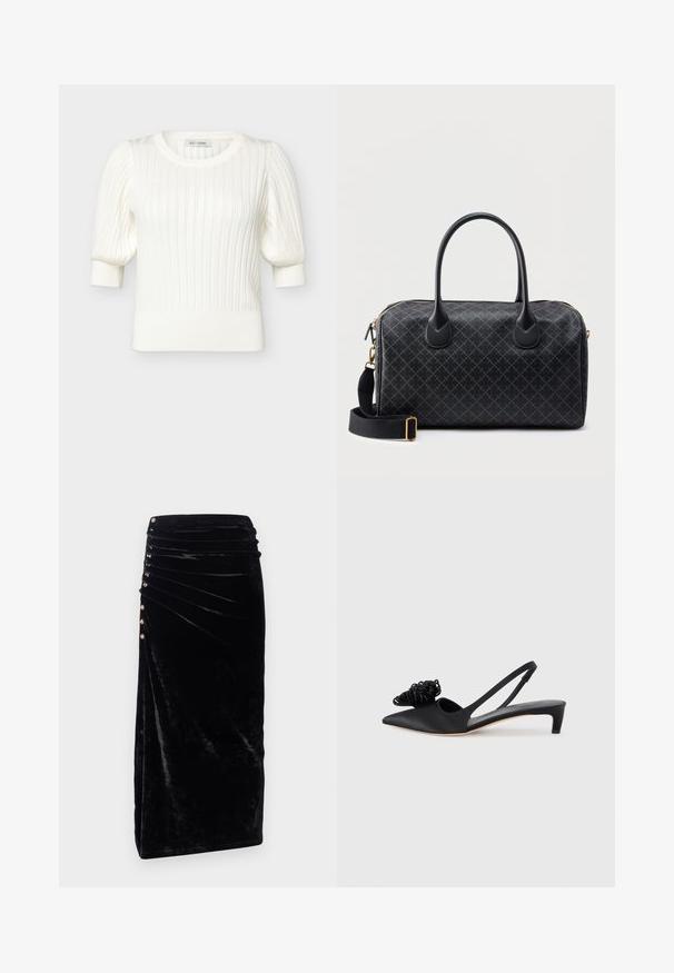 Hvid ribstrikket kort puffærmet sweater med rund halsudskæring og tætsiddende manchetter fra Rue de Femme.; Rabanne Pencil skirt - black; Sort satin slingback-sko med spids tå, der har en dekorativ tekstureret blomstermotiveret detalje og en lav, kittenhæl.; Sort mønstret håndtaske med rektangulær form, lavet af læder og stof, dobbelte top-hanke, aftagelig skulderrem og gyldent lynlås.