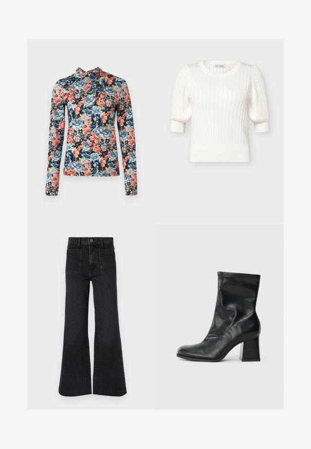 Jersey blanco de punto acanalado con mangas cortas abullonadas, cuello redondo y puños ajustados de Rue de Femme.; Rabanne Camiseta de manga larga - english tapestry/pink/blue/green; Jeans negros de cintura alta y pernera acampanada con trabillas para cinturón, botón delantero, cremallera y dos grandes bolsillos parche delanteros sobre fondo blanco.; Bota de cuero negro hasta el tobillo con parte superior flexible y puntera cuadrada. Presenta un tacón de bloque texturizado y un detalle de costura minimalista.
