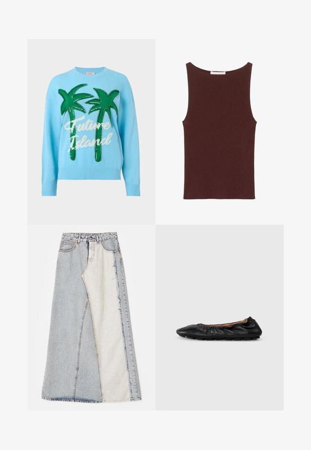 Lichtblauwe trui met twee grote groene palmbomen en witte cursieve tekst "Future Island" aan de voorkant.; Mouwloze geribbelde gebreide tanktop in donkerbruin met een hoge ronde hals en rechte zoom.; Denim rok met een patchworkontwerp bestaande uit lichte en middelblauwe secties, rafelige zomen en een hoge taille. Klassiek vijf-pocket model.; Zwarte leren balletschoenen met geplooid detail bij de kraag, ronde neus en flexibele rubberen zool. Gladde textuur overal.