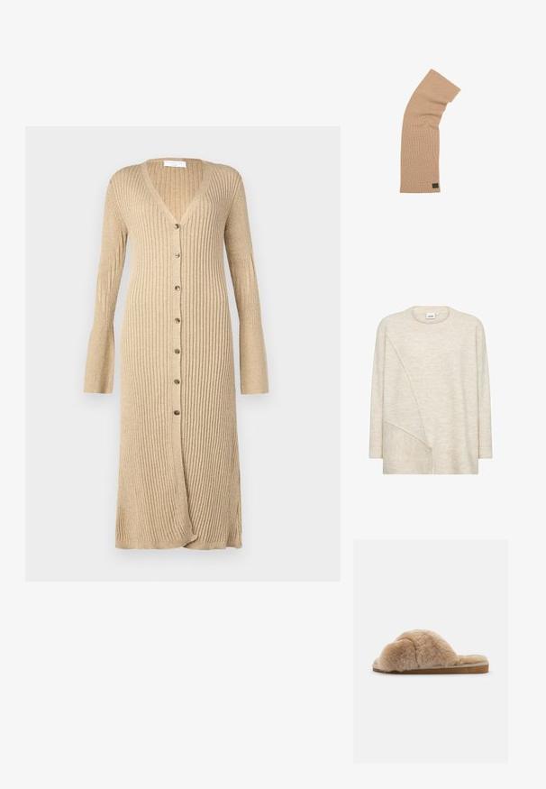 Jersey beige tejido a punto con un corte holgado, escote redondo, diseño asimétrico y detalles texturizados en el bajo y las mangas.; Cardigan beige de canalé con mangas largas, cierre frontal de botones, escote en V y puños acampanados. Fabricado en un material de punto suave con un acabado texturizado.; Zapatilla de felpa beige con una textura suave, parte trasera abierta y un forro interior. Suela plana con una base marrón clara y costuras beige.; Bufanda de color beige con un diseño de punto acanalado, un detalle triangular en el centro y una pequeña etiqueta con el logo en un extremo.