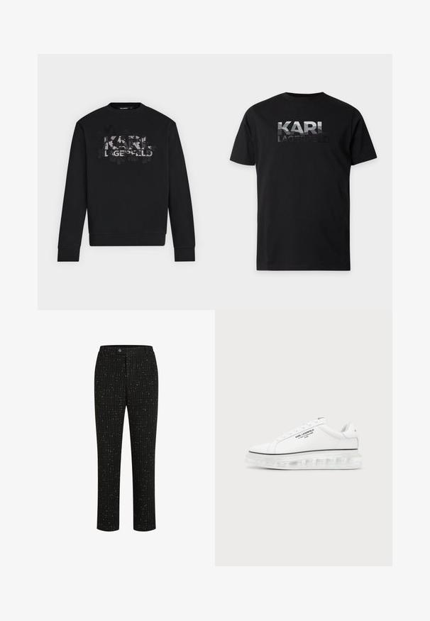 Zwarte longsleeve crewneck sweatshirt met getextureerd "KARL LAGERFELD" logo en abstract bloemmotief op de borst.; Zwart T-shirt met korte mouwen met zilveren en zwarte "KARL LAGERFELD"-logo gedrukt op de borst.; Zwarte op maat gemaakte broek met een gestructureerd patroon van dunne verticale witte lijnen, een rechte snit en een knoopsluiting in de taille.; Witte Karl Lagerfeld sneaker met zwart tekstlogo en transparante dikke zool op een effen lichte achtergrond.