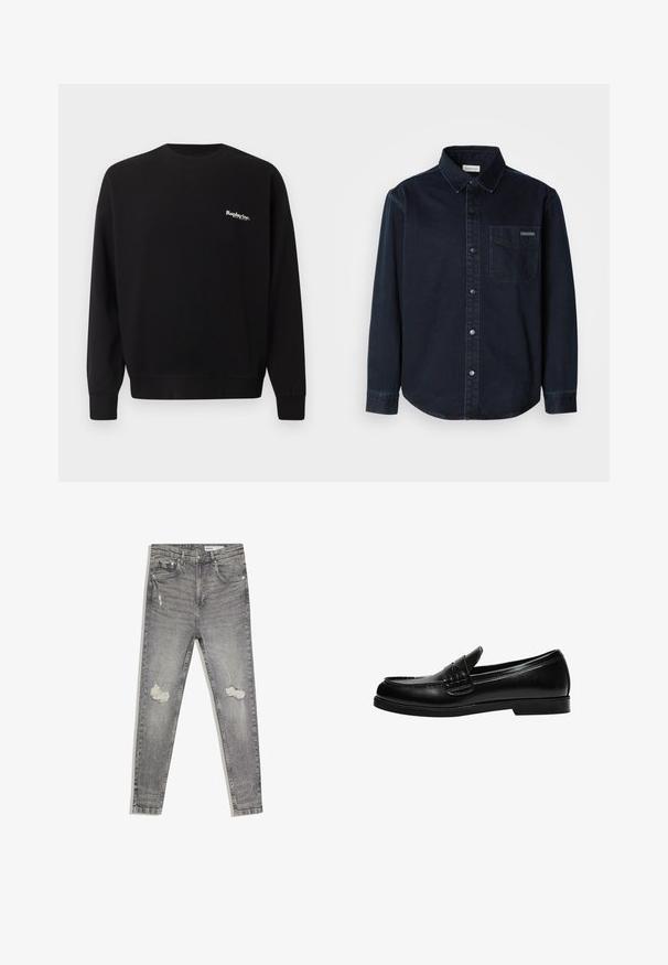 Replay Inc. Collegepaita - black; Tummansininen nappikauluspaita, joka on valmistettu denim-kankaasta. Ominaisuuksiin kuuluu klassinen kaulus, etutasku ja erottuvat ompelureunat.; Harmaat slim-fit -malliset revityt farkut, joissa kaksi revittyä kohtaa reisissä, etutaskut ja vyölenkit, aseteltu tasaisesti valkoiselle taustalle.; Musta nahka loaferi, jossa on sileä pinta, ja joka sisältää ommeltuja yksityiskohtia vampissa sekä matalan, kiinteän mustan kumipohjan.