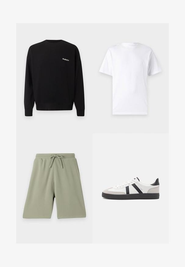Replay Inc. Sudadera - black; Camiseta blanca de manga corta hecha de algodón con cuello redondo, que presenta una textura suave y un diseño simple sin patrones ni acentos.; Pantalones cortos verde claro hechos de una tela texturizada con cintura elástica y cordón. Corte recto y diseño hasta la rodilla.; Zapatilla blanca con acentos en negro y gris, que presenta una puntera texturizada en gris, suela de goma negra y cordones planos blancos. Diseño limpio, estilo minimalista.