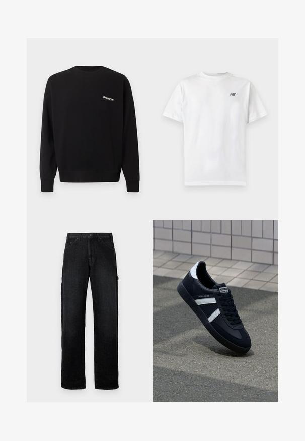 Replay Inc. Mikina - black; Biele tričko s krátkym rukávom a okrúhlym výstrihom s malým čiernym logom New Balance v hornej ľavej časti hrudníka na jednofarebnom svetlom pozadí.; Čierne denimové džínsy so strižným strihom, obsahujúce predné vrecká, zapínanie na gombík a bočné vrecká pre dodatočné úložisko.; Čierne kožené tenisky s bielymi pruhmi, textúrovanou gumovou podrážkou a šnurovaním vpredu. Obsahujú označenie značky na jazyku.