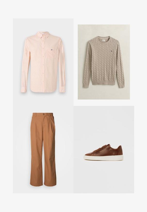 Suéter beige de punto trenzado con mangas largas, cuello redondo, puños y dobladillo acanalados, y pequeño logo bordado en el pecho.; Camisa de tela a cuadros en naranja claro y blanco, con mangas largas, cuello abotonado y bolsillo en el pecho. Presenta un logo sutil en el bolsillo.; Pantalones de pierna ancha en un tejido marrón cálido, con cierre frontal de botones, pliegues sutiles y corte recto para un ajuste relajado.; Zapatilla de cuero marrón de corte bajo con cordones delanteros, suela de goma blanca y logo dorado "GANT" en el lateral.