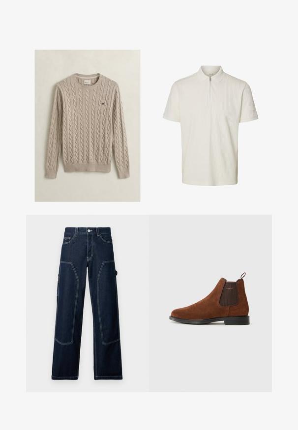 Beige kabelgebreide trui met lange mouwen, ronde hals, geribbelde manchetten en zoom, en een klein geborduurd logo op de borst.; Witte polo met korte mouwen, verticale geribde structuur en een ritssluiting aan de voorkant onder de kraag.; Donkerblauwe denim cargobroek met een rechte pijp, contrasterende stiksels, meerdere zakken en een klassieke knoopsluiting.; Bruine suède Chelsea-boot met een elastische zijpaneel, een lus aan de achterkant, een zwarte zool en een subtiel "GANT"-logo op het zijpaneel.