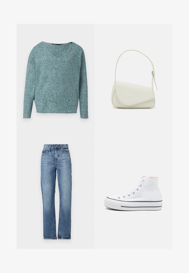 Suéter de punto suave en color azul verdoso con mangas largas, puños acanalados y un cuello amplio en forma de V.; Vaqueros de denim de color azul claro con cintura alta, diseño de pierna recta, con un desgaste mínimo y estilo clásico de cinco bolsillos. Presenta un cierre de botón en bronce.; Zapatillas altas blancas de material de lienzo, con suela de goma negra y una franja negra en el mediopie. Punta circular y diseño de cordones.; Bolso de mano de imitación cuero blanco con una forma triangular estructurada, correa ajustable única y cierre con solapa acentuada en curva.